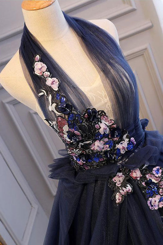 Blue Prom Dress Tulle Lace Long Evening Dress