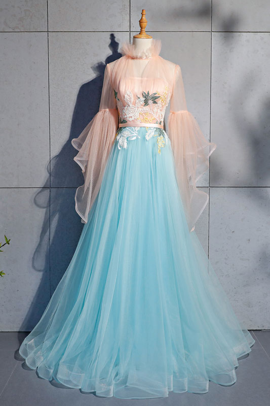 Blue Prom Dress Tulle Lace Long Evening Dress