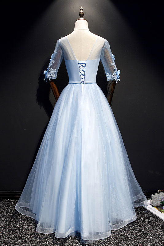 Blue Prom Dress Tulle Lace Long Formal Evening Dress