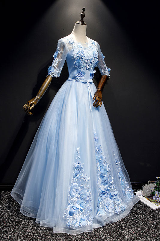 Blue Prom Dress Tulle Lace Long Formal Evening Dress