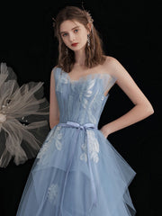 Blue Prom Dress Tulle Lace Long Formal Gown Evening Dress