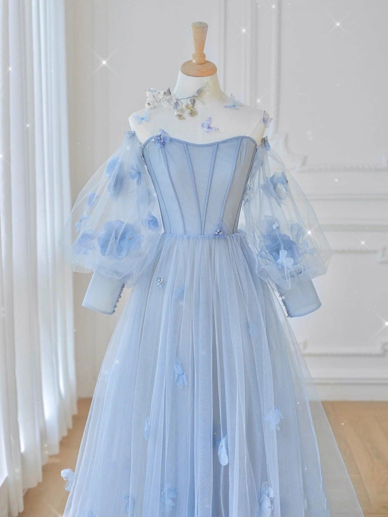 Blue Prom Dress Tulle Lace Long Formal Gown Evening Dress