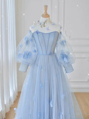 Blue Prom Dress Tulle Lace Long Formal Gown Evening Dress
