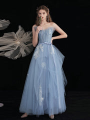 Blue Prom Dress Tulle Lace Long Formal Gown Evening Dress