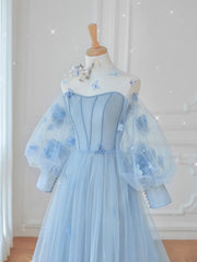 Blue Prom Dress Tulle Lace Long Formal Gown Evening Dress