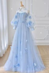 Blue Prom Dress Tulle Lace Long Formal Gown Evening Dress