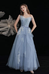 Blue Prom Dress Tulle Lace Long Formal Gown Evening Dress