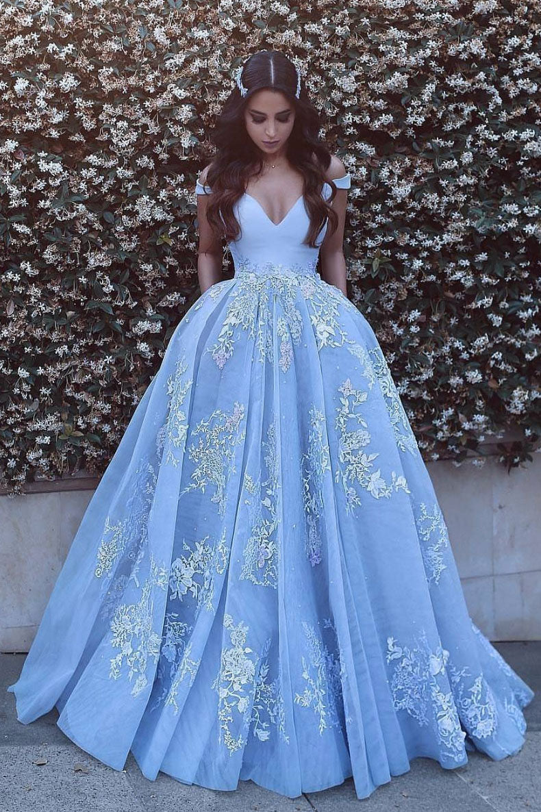Blue Prom Dress Tulle Lace Off the Shoulder Long Evening Dress