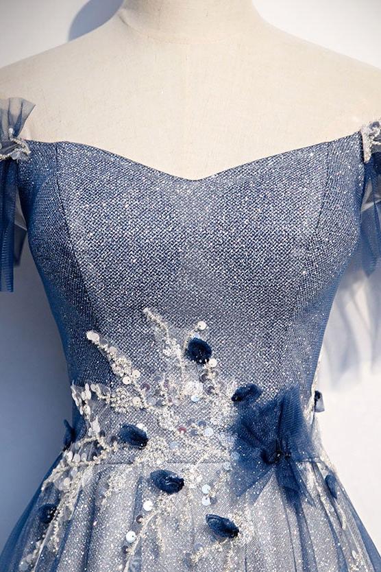 Blue Prom Dress Tulle Lace Sequin Long Formal Dress Evening Dress