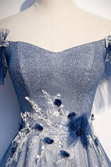 Blue Prom Dress Tulle Lace Sequin Long Formal Dress Evening Dress