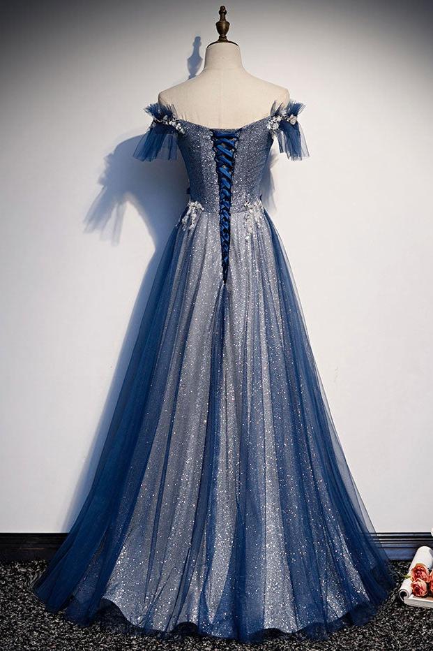 Blue Prom Dress Tulle Lace Sequin Long Formal Dress Evening Dress