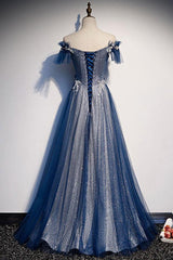 Blue Prom Dress Tulle Lace Sequin Long Formal Dress Evening Dress