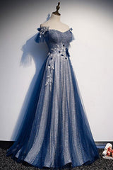 Blue Prom Dress Tulle Lace Sequin Long Formal Dress Evening Dress