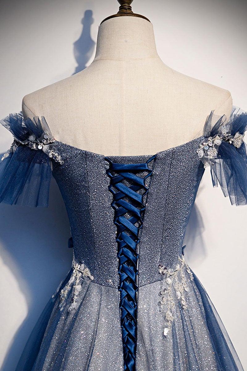 Blue Prom Dress Tulle Lace Sequin Long Formal Dress Evening Dress
