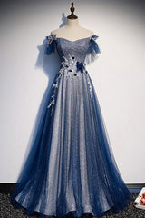 Blue Prom Dress Tulle Lace Sequin Long Formal Dress Evening Dress