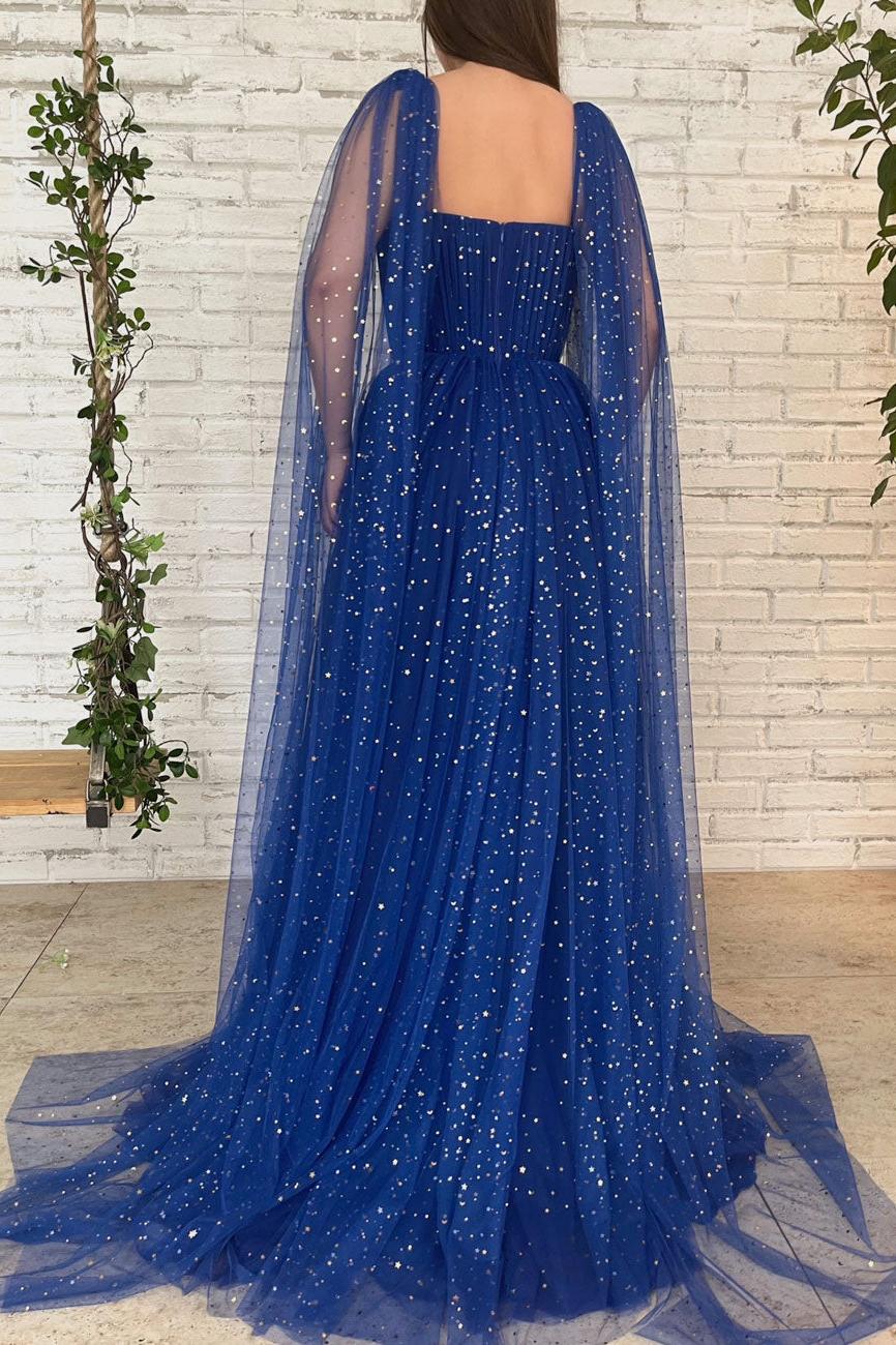 Blue Prom Dress Tulle Long A Line Formal Evening Dress