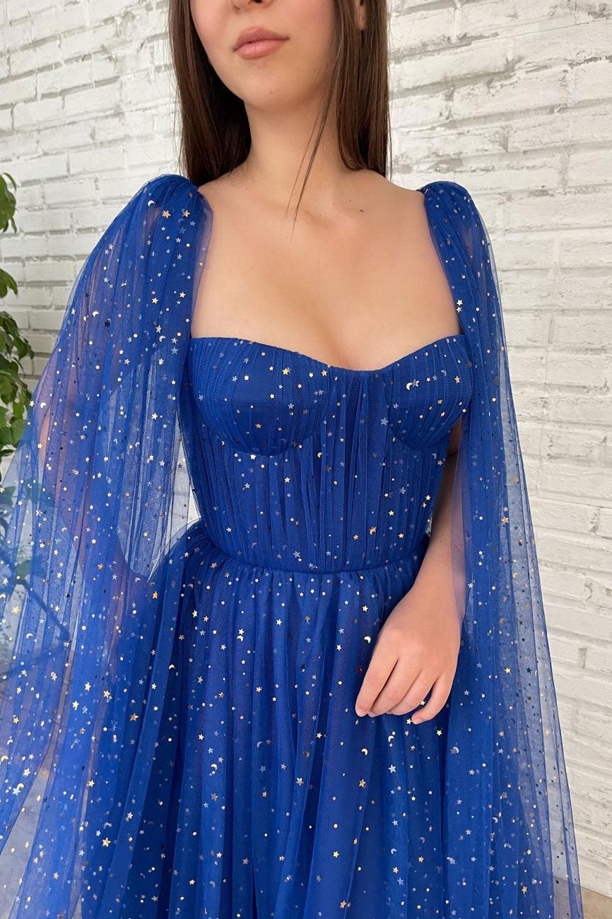 Blue Prom Dress Tulle Long A Line Formal Evening Dress