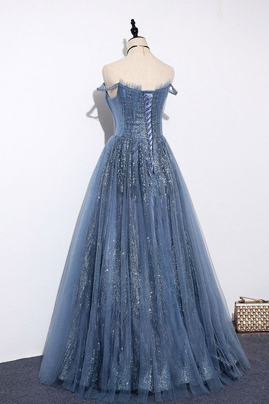 Blue Prom Dress Tulle Long Formal Evening Dress