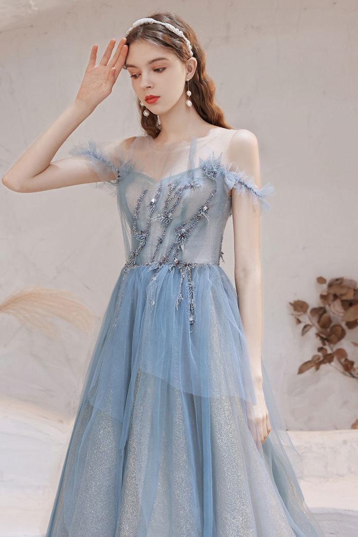 Blue Prom Dress Tulle Off the Shoulder Long Evening Dress