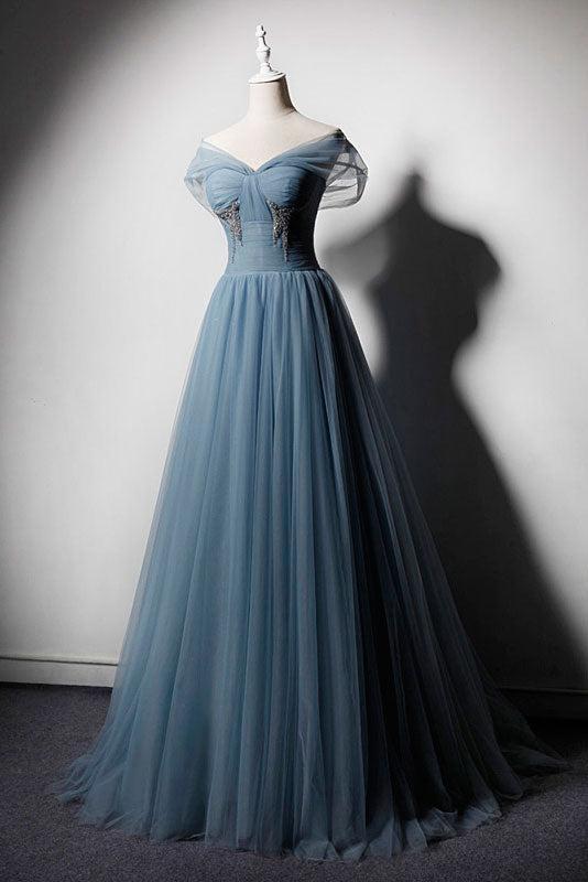 Blue Prom Dress Tulle Off the Shoulder Long Evening Dress