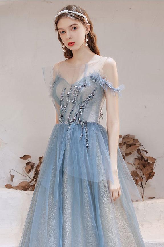 Blue Prom Dress Tulle Off the Shoulder Long Evening Dress