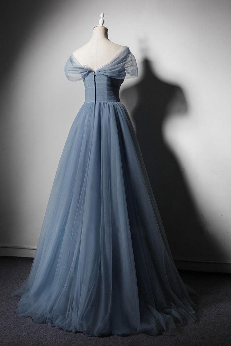 Blue Prom Dress Tulle Off the Shoulder Long Evening Dress