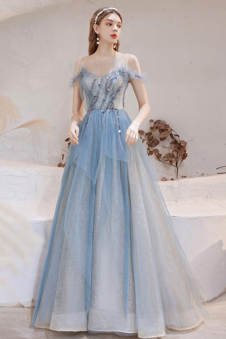 Blue Prom Dress Tulle Off the Shoulder Long Evening Dress