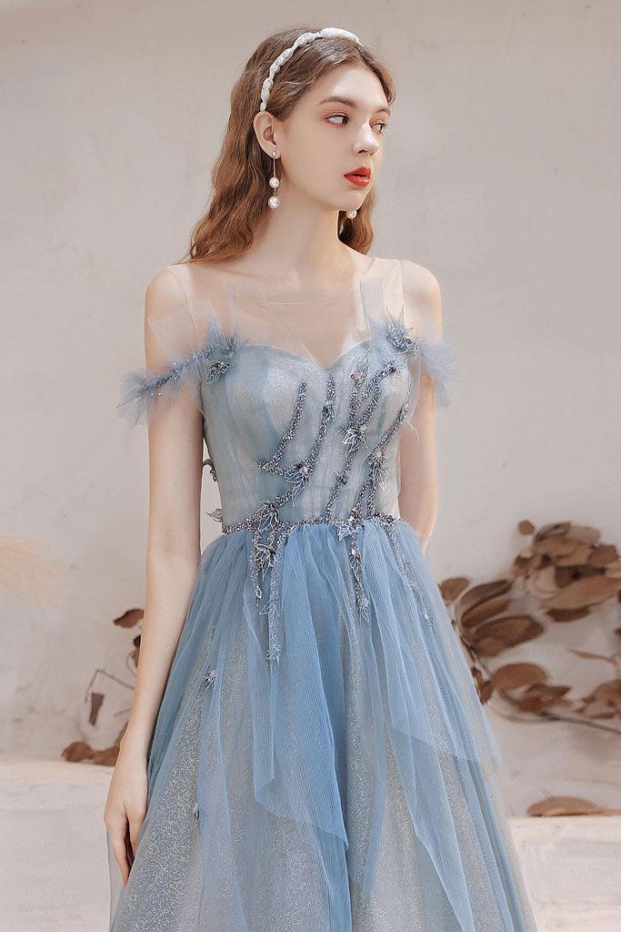 Blue Prom Dress Tulle Off the Shoulder Long Evening Dress