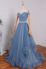 Blue Prom Dress Tulle Off the Shoulder Long Formal Gown Evening Dress