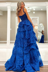 Blue Prom Dress Tulle Sequin Chic Sweetheart Ruffle Tiered Long Evening Dress