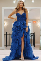Blue Prom Dress Tulle Sequin Chic Sweetheart Ruffle Tiered Long Evening Dress