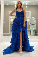 Blue Prom Dress Tulle Sequin Chic Sweetheart Ruffle Tiered Long Evening Dress