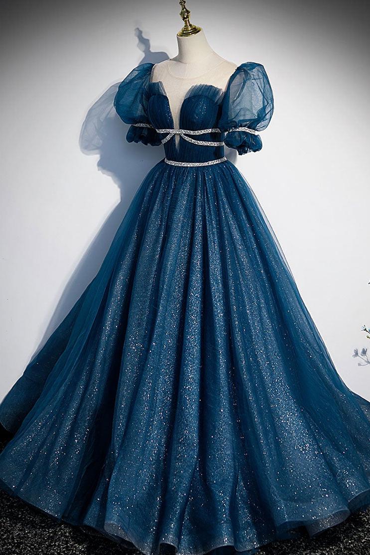 Blue Prom Dress Tulle Sequin Long Formal Dress Evening Dress