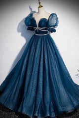 Blue Prom Dress Tulle Sequin Long Formal Dress Evening Dress