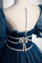 Blue Prom Dress Tulle Sequin Long Formal Dress Evening Dress