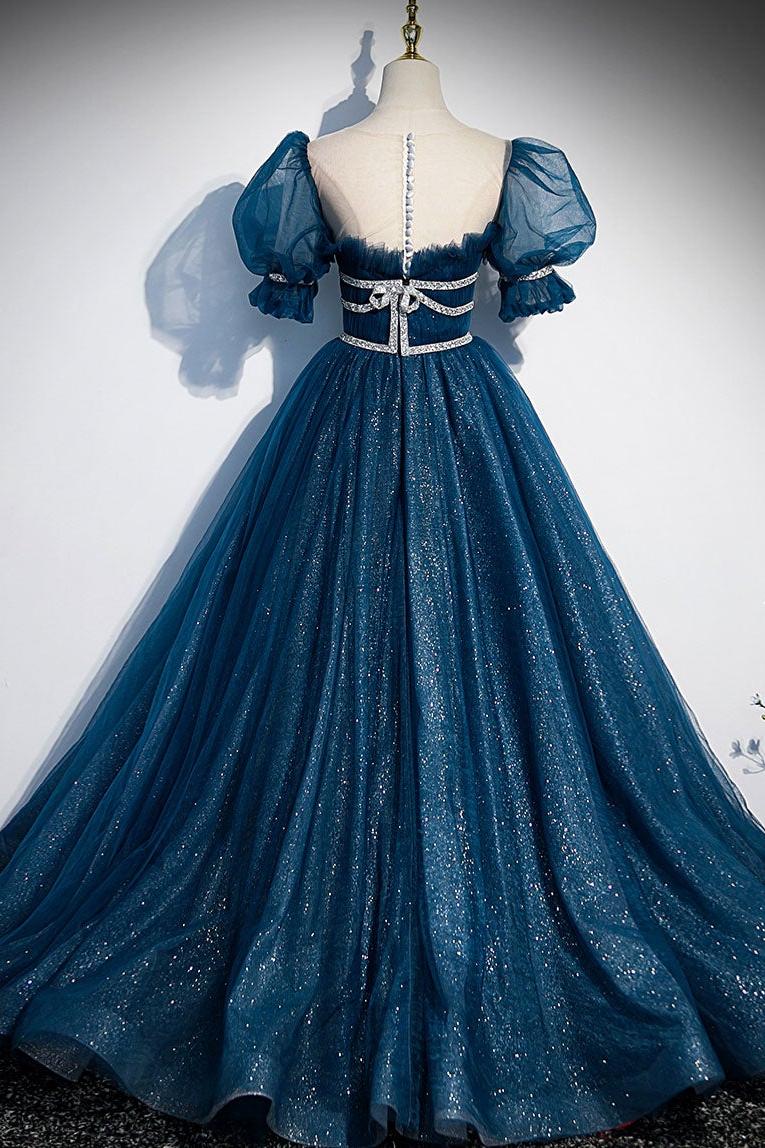Blue Prom Dress Tulle Sequin Long Formal Dress Evening Dress