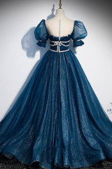 Blue Prom Dress Tulle Sequin Long Formal Dress Evening Dress