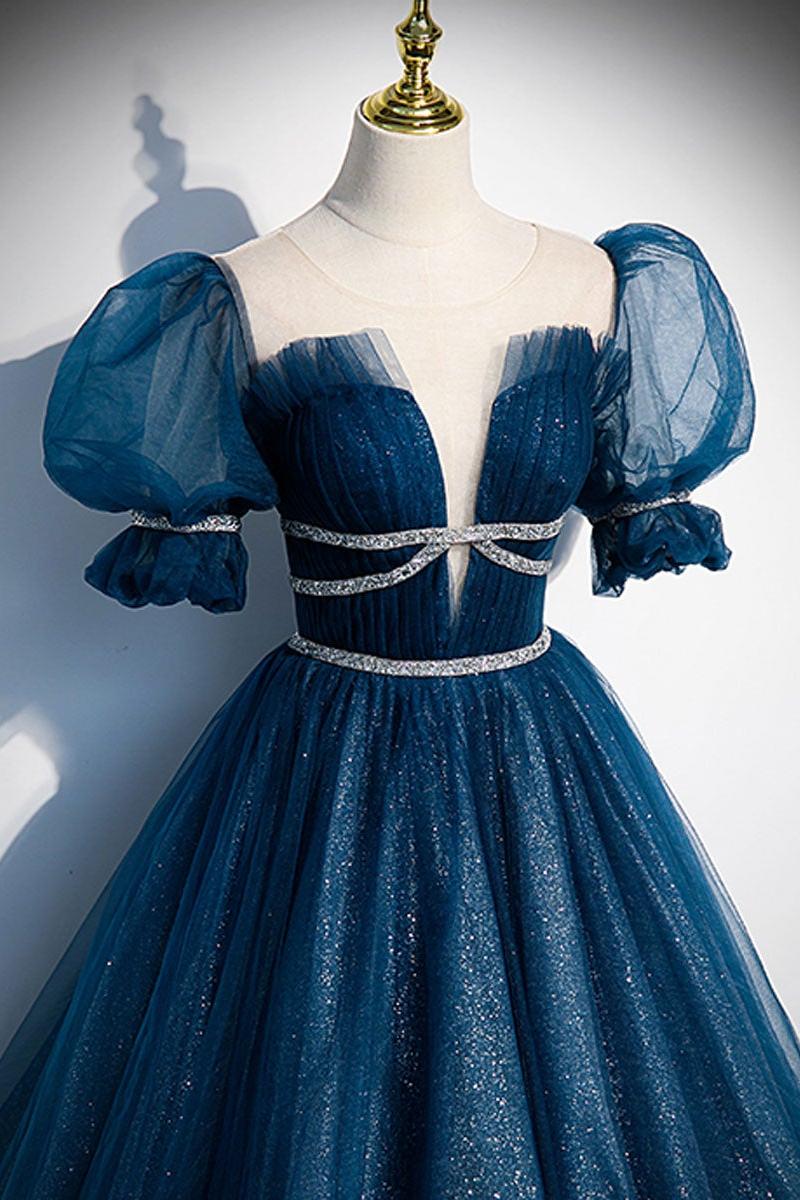 Blue Prom Dress Tulle Sequin Long Formal Dress Evening Dress