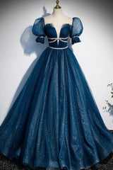 Blue Prom Dress Tulle Sequin Long Formal Dress Evening Dress