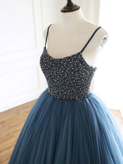 Blue Prom Dress Tulle Sequin Long Formal Gown Evening Dress