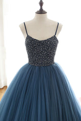 Blue Prom Dress Tulle Sequin Long Formal Gown Evening Dress