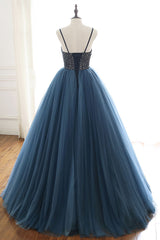 Blue Prom Dress Tulle Sequin Long Formal Gown Evening Dress