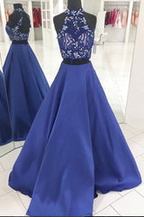 Blue Prom Dress Two Piece Lace Long Evening Dress