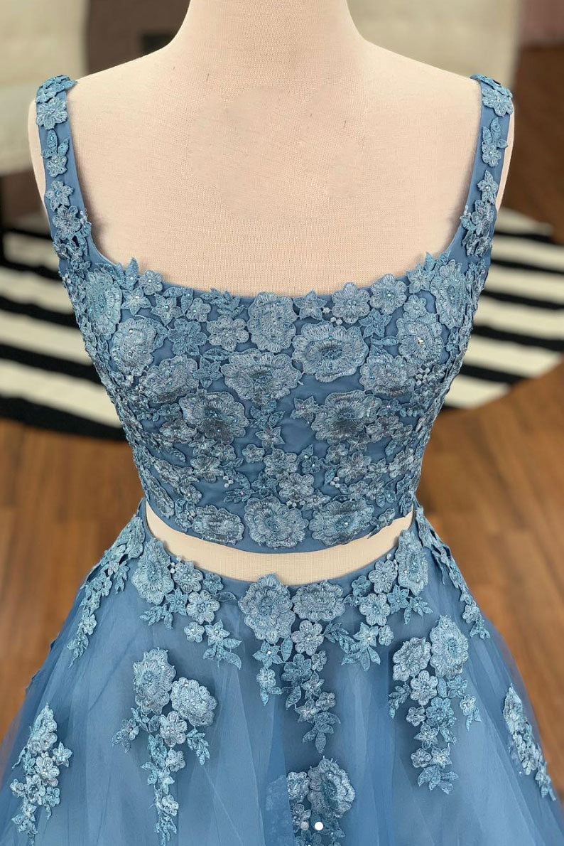 Blue Prom Dress Two Piece Lace Tulle Long Evening Dress