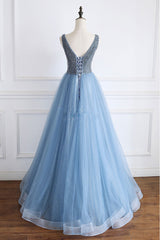 Blue Prom Dress V Neck Beaded Sequin Tulle Long Evening Dress