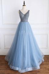 Blue Prom Dress V Neck Beaded Sequin Tulle Long Evening Dress