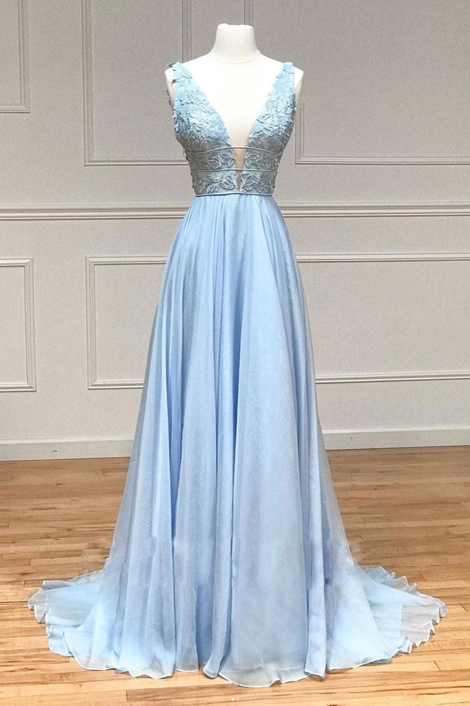 Blue Prom Dress V Neck Chiffon Lace Long Evening Dress