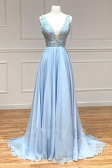 Blue Prom Dress V Neck Chiffon Lace Long Evening Dress
