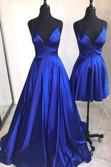 Blue Prom Dress V Neck Satin Long Evening Dress