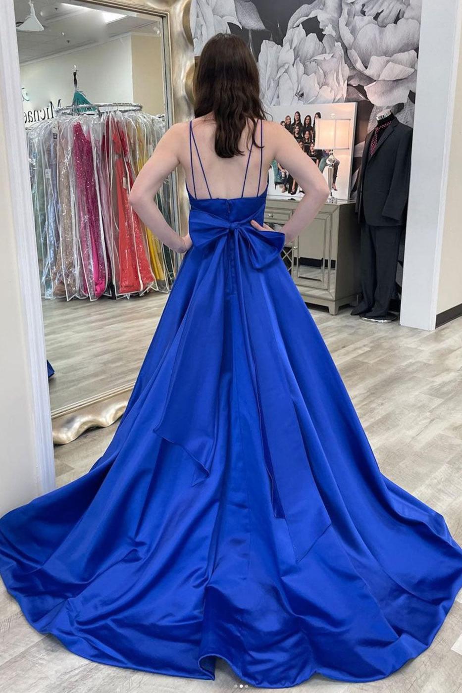 Blue Prom Dress V Neck Satin Long Formal Dress Evening Dress